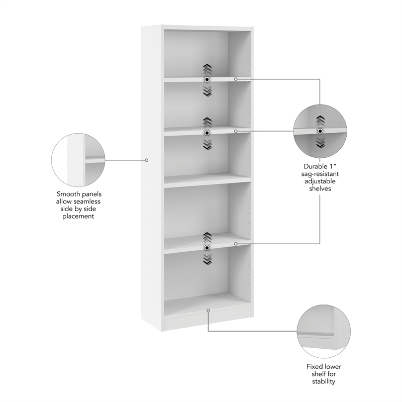 Maklaine Universal 25W Tall 5 Shelf Bookcase in White - Engineered Wood
