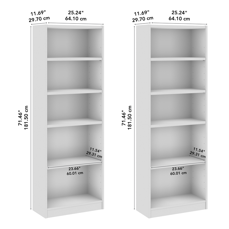Maklaine Universal 25W Tall 5 Shelf Bookcase Set in White - Engineered Wood