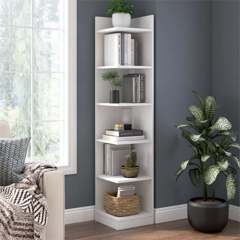 Maklaine Universal 15W Tall Corner Bookshelf in White - Engineered Wood