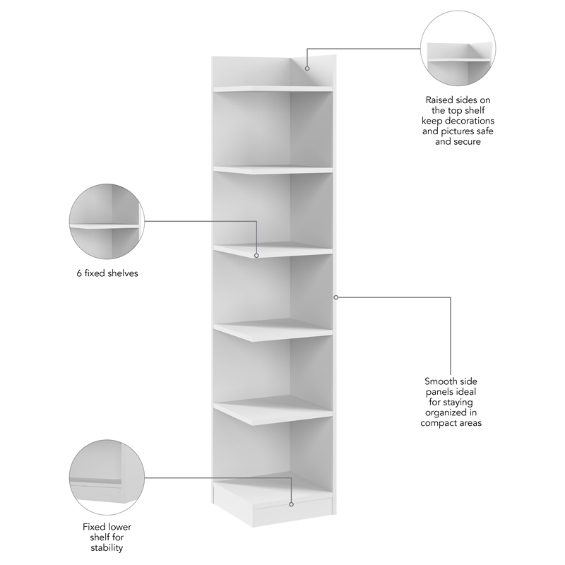 Maklaine Universal 15W Tall Corner Bookshelf in White - Engineered Wood