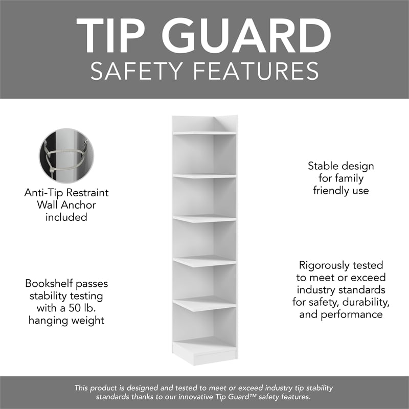 Maklaine Universal 15W Tall Corner Bookshelf in White - Engineered Wood