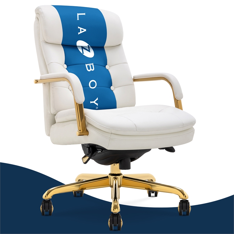 Maklaine Executive MidBack Office Chair Bonded Leather White and Gold