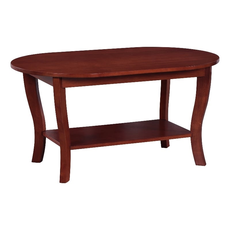 Maklaine Oval Coffee Table with Shelf in Mahogany Wood Finish