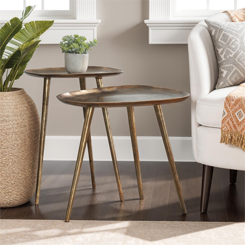 Maklaine Contemporary Metal Nesting End Tables in Brass Metal Finish