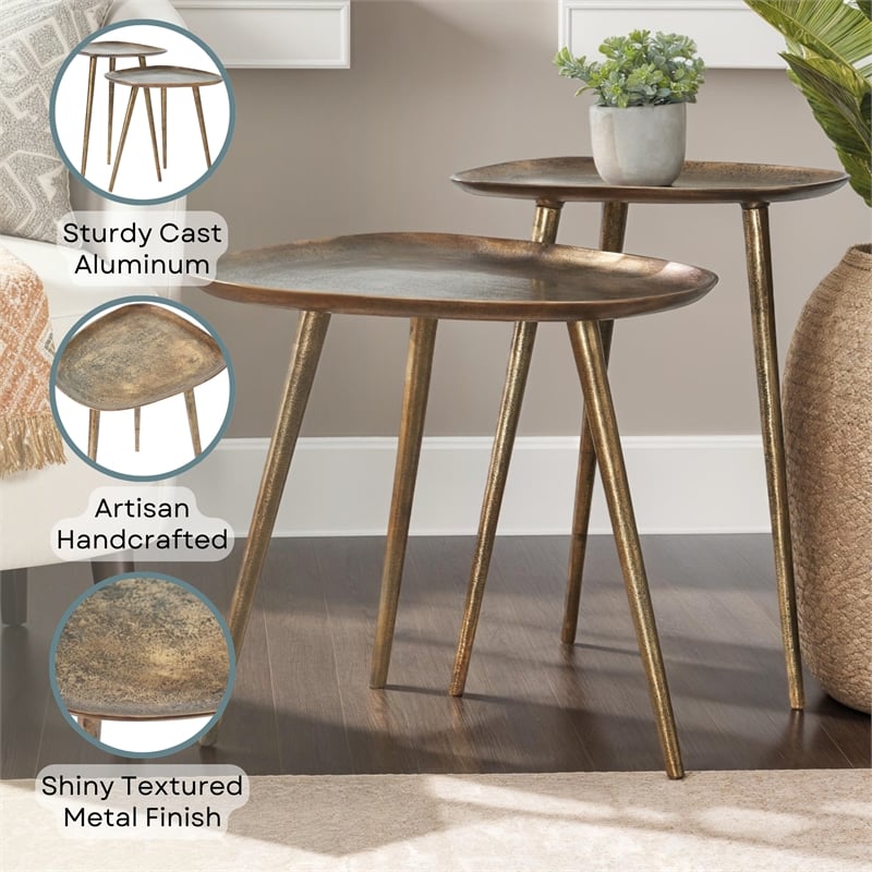 Maklaine Contemporary Metal Nesting End Tables in Brass Metal Finish