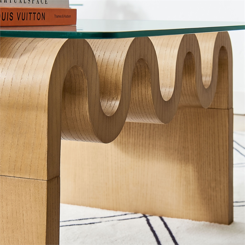 Maklaine Contemporary Wood Wave-like Shaped Coffee Table in Natural