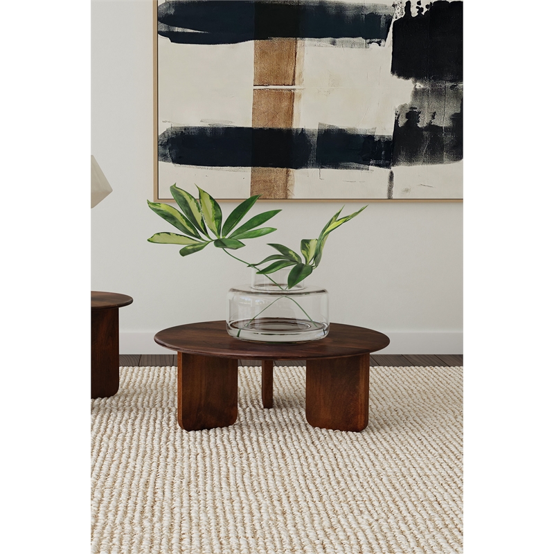 Maklaine Mid -Century Modern Round Solid Mango Wood Coffee Table Brown