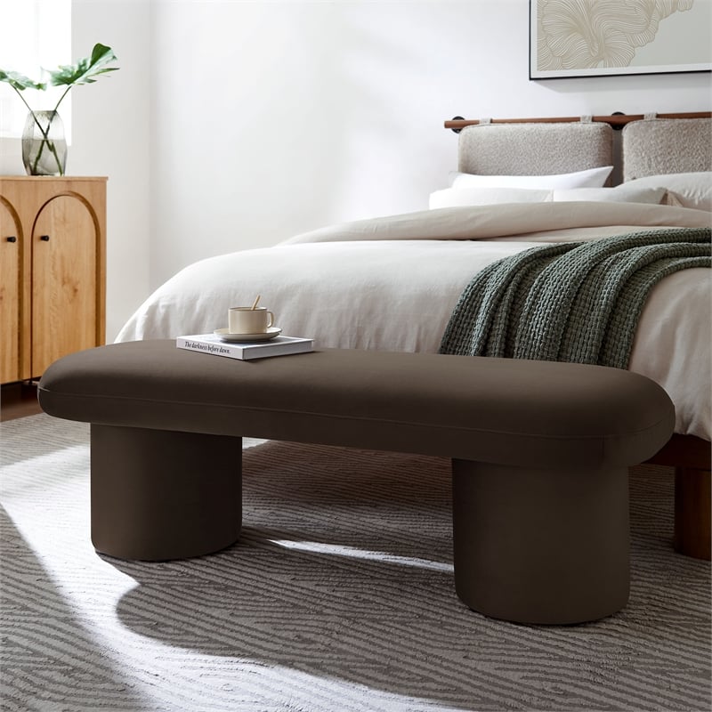 Maklaine Contemporary Performance Velvet Upholstered Bench in Chocolate Brown