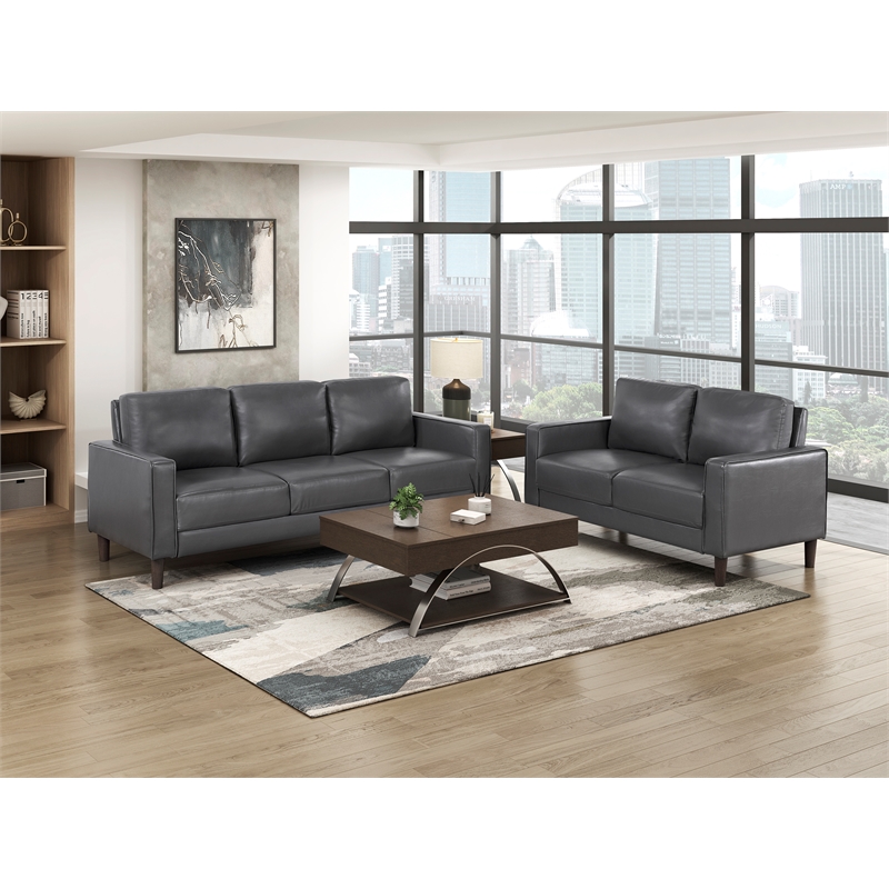 Maklaine Modern / Contemporary Faux Leather Upholstered Sofa in Dark Gray