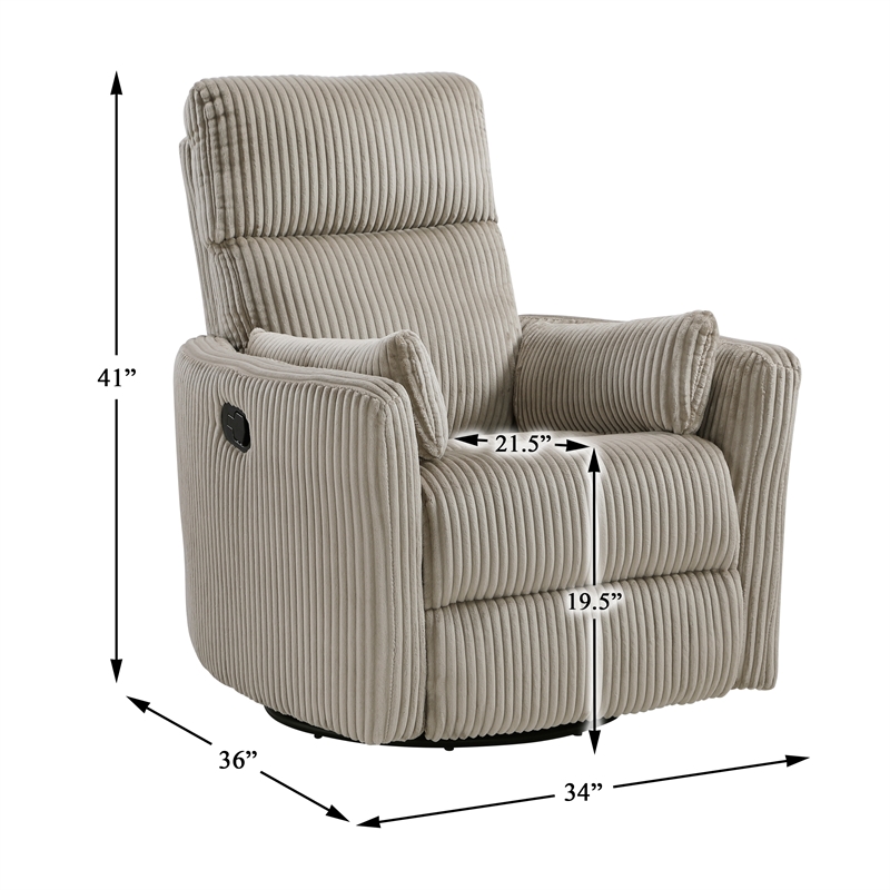 Maklaine Contemporary Corduroy Swivel Glider Reclining Chair in Taupe