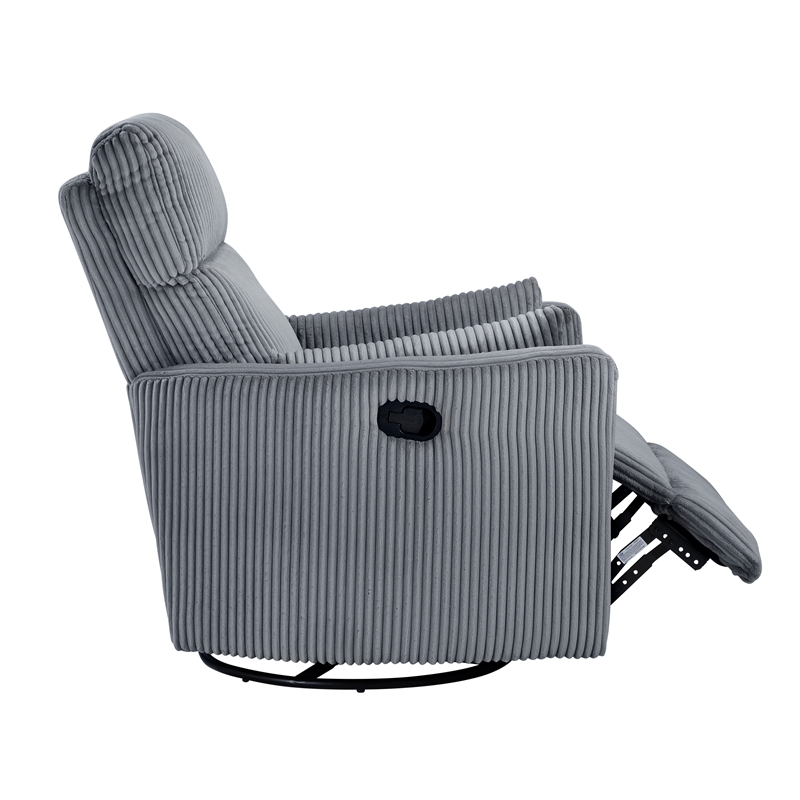 Maklaine Contemporary Corduroy Swivel Glider Reclining Chair in Gray