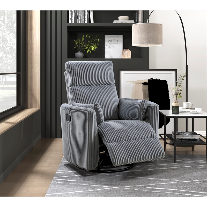 Maklaine Contemporary Corduroy Swivel Glider Reclining Chair in Gray