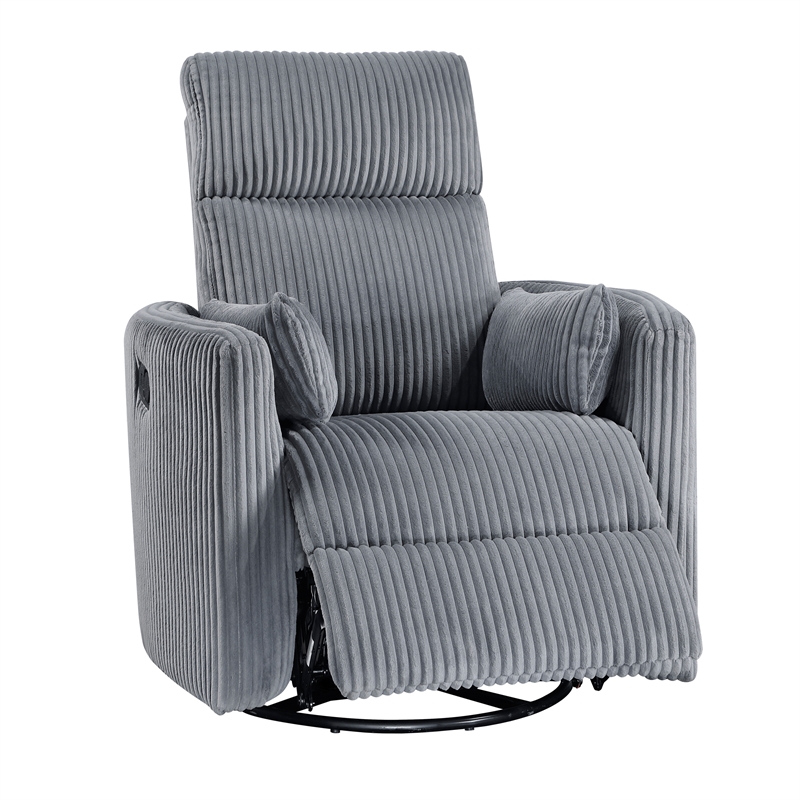 Maklaine Contemporary Corduroy Swivel Glider Reclining Chair in Gray