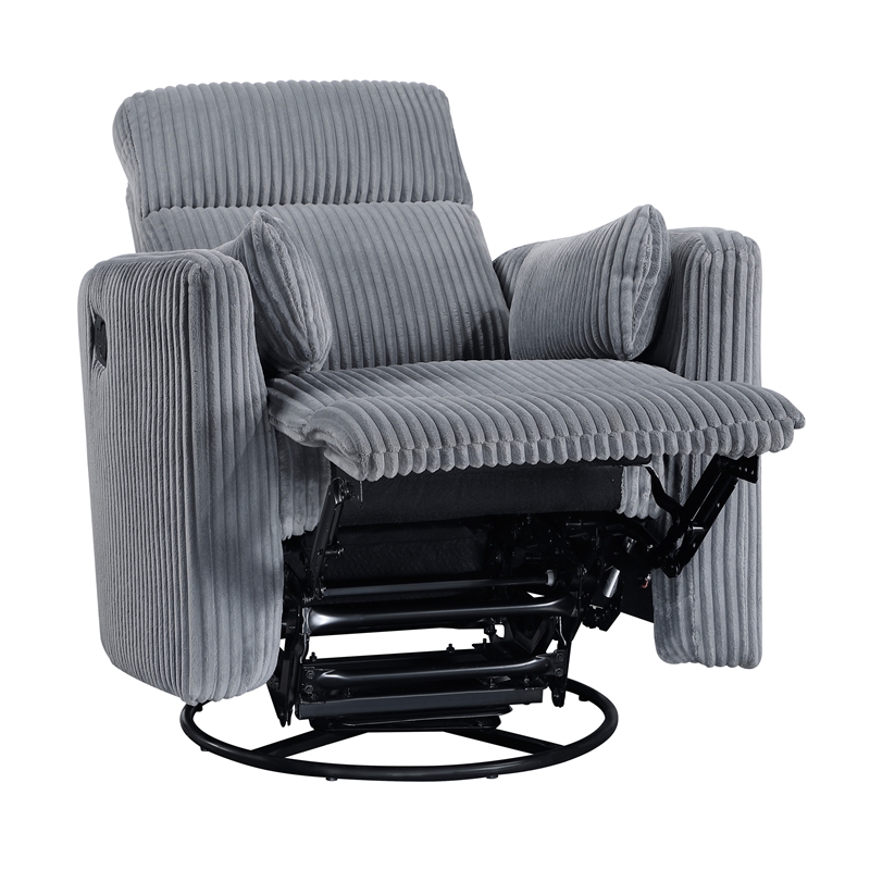 Maklaine Contemporary Corduroy Swivel Glider Reclining Chair in Gray