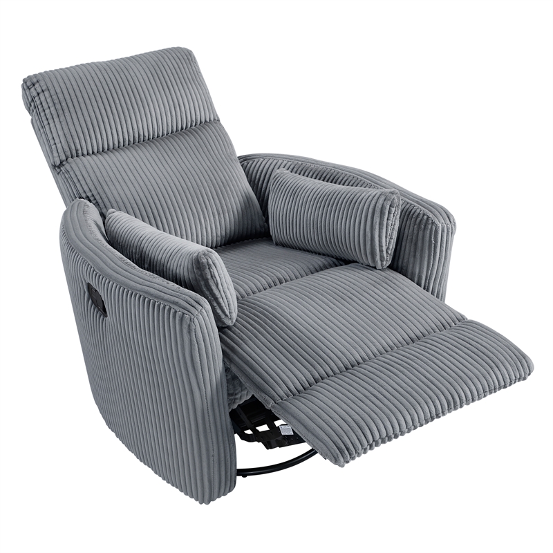 Maklaine Contemporary Corduroy Swivel Glider Reclining Chair in Gray