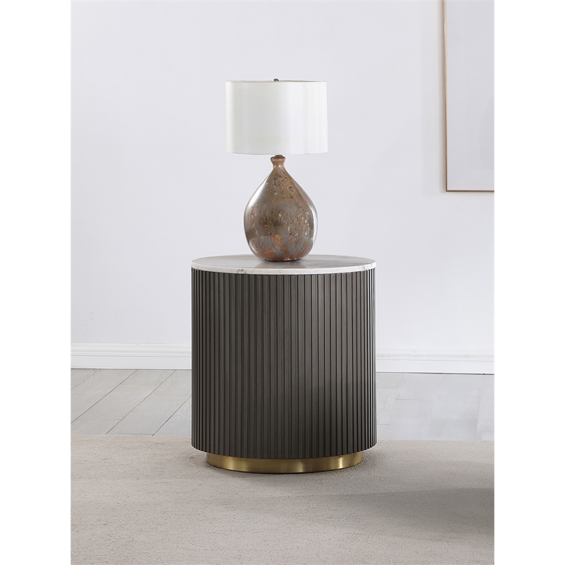 Maklaine Round Marble Top Side End Table in White and Charcoal