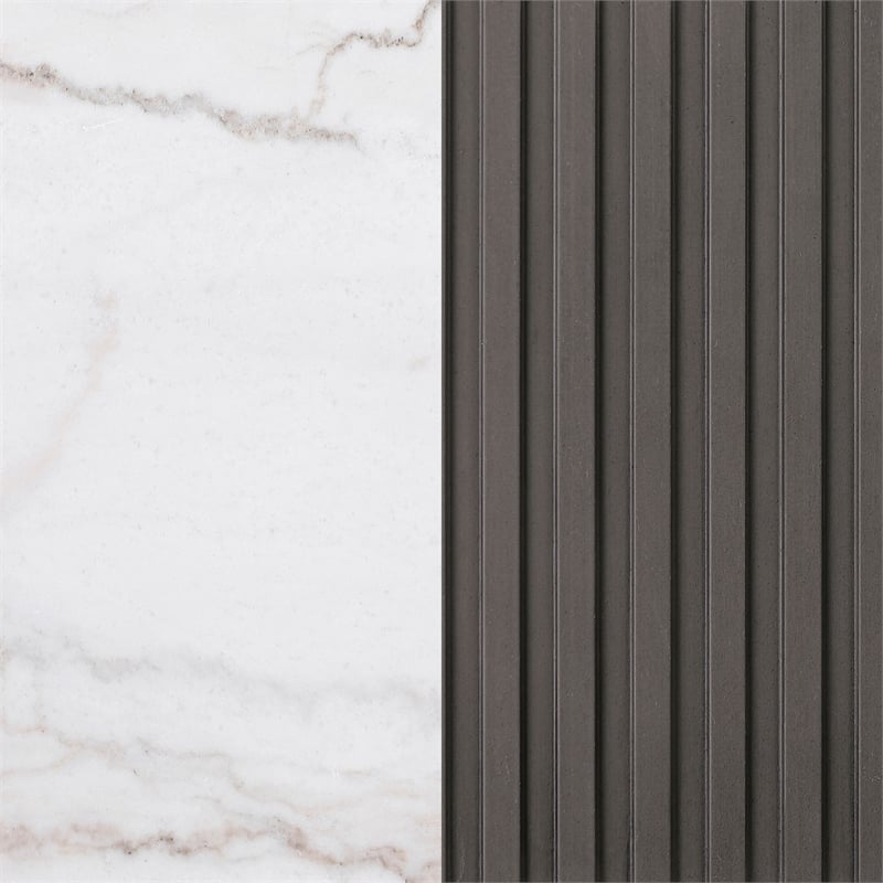 Maklaine Round Marble Top Side End Table in White and Charcoal