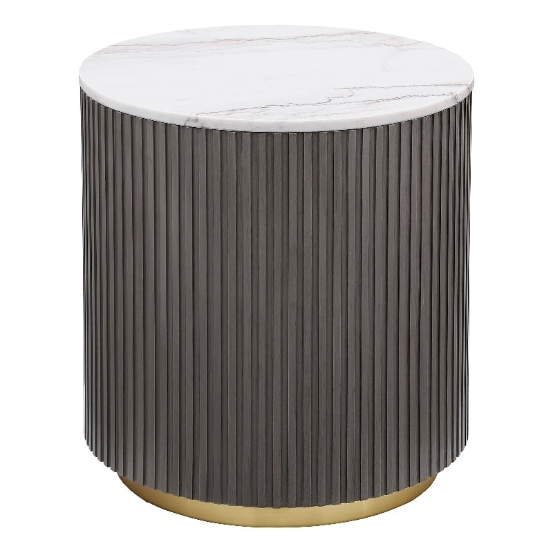 Maklaine Round Marble Top Side End Table in White and Charcoal