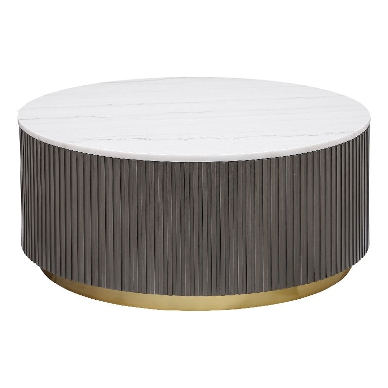Maklaine Round Marble Top Coffee Table in White and Charcoal