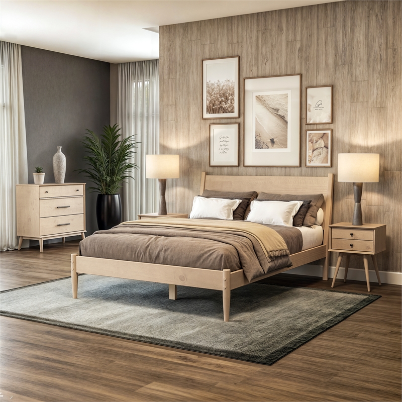 Maklaine Mid-Century Wood 2 Drawer Light Oak Finish Nightstand