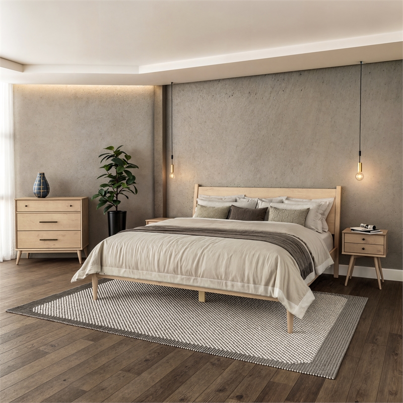 Maklaine Mid-Century Wood 2 Drawer Light Oak Finish Nightstand