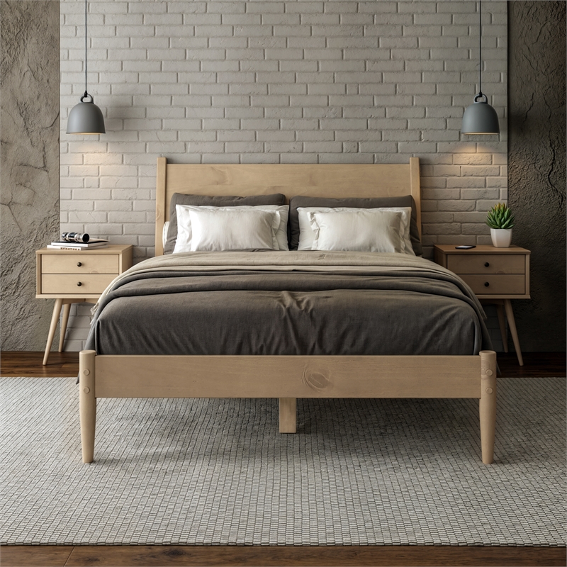Maklaine Mid-Century Wood Panel Bed Full Size in Light Oak Finish