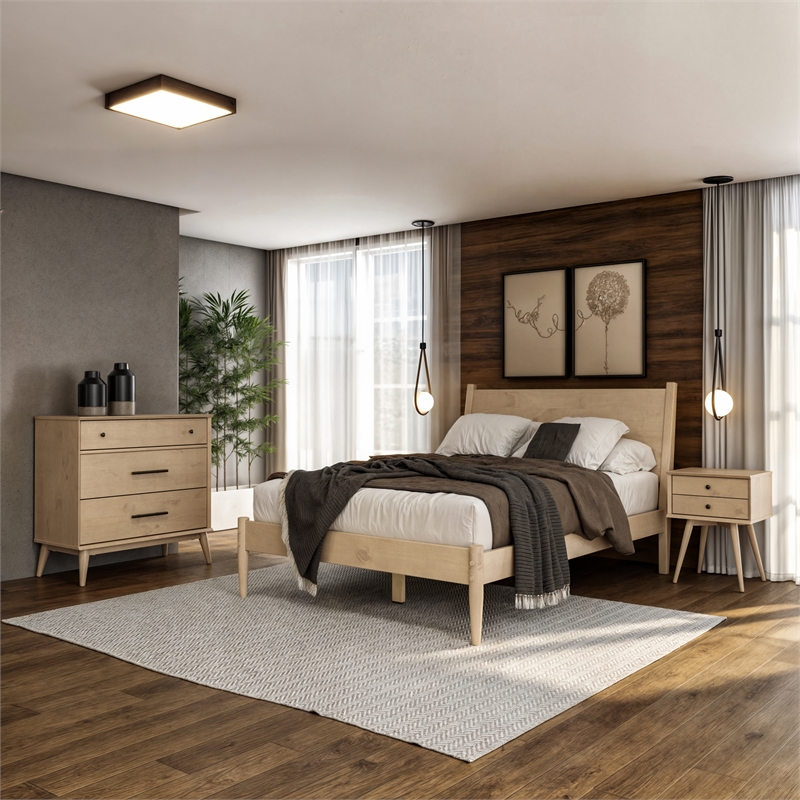 Maklaine Mid-Century Wood Panel Bed Full Size in Light Oak Finish