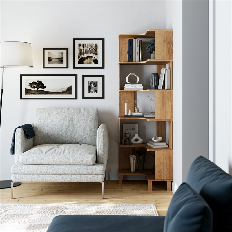 Maklaine 6-Tier Natural Oak Modern Mid-Century Corner Bookcase