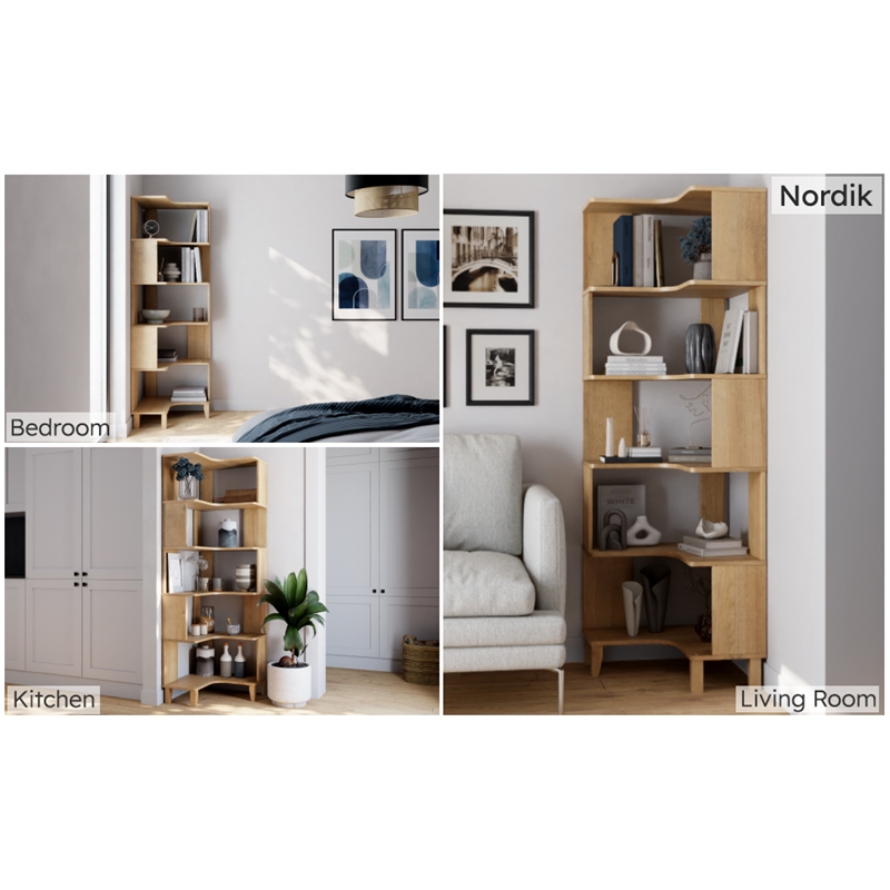 Maklaine 6-Tier Natural Oak Modern Mid-Century Corner Bookcase