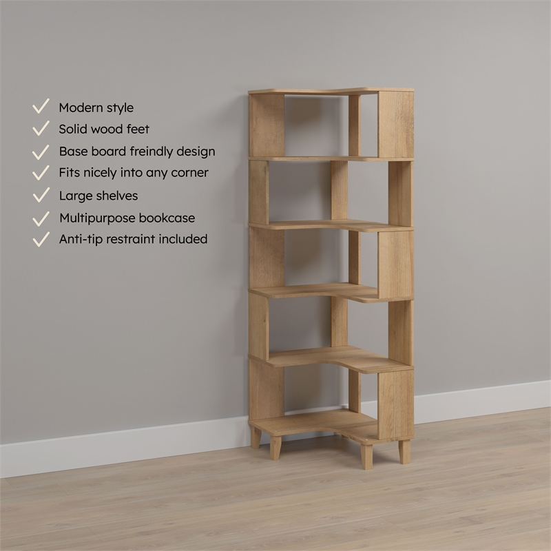 Maklaine 6-Tier Natural Oak Modern Mid-Century Corner Bookcase