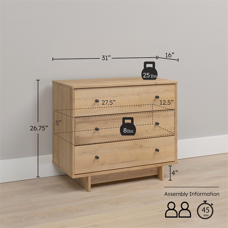Maklaine 3-Drawer Nightstand in Natural Oak Extra-Wide Bedside Table