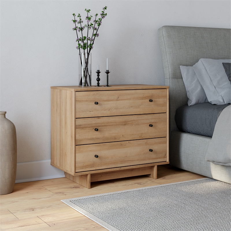 Maklaine 3-Drawer Nightstand in Natural Oak Extra-Wide Bedside Table