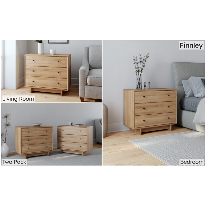 Maklaine 3-Drawer Nightstand in Natural Oak Extra-Wide Bedside Table