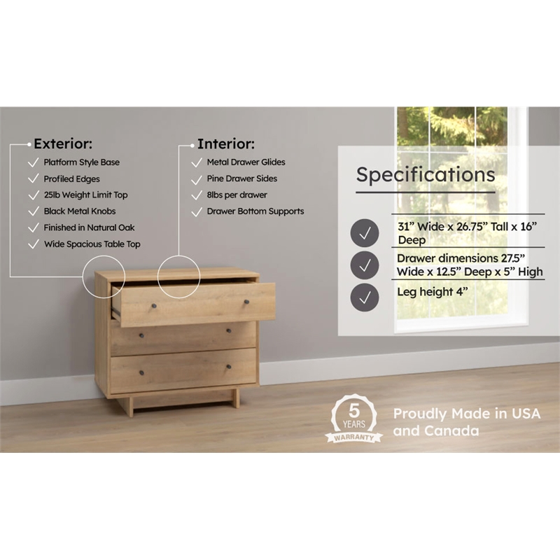 Maklaine 3-Drawer Nightstand in Natural Oak Extra-Wide Bedside Table