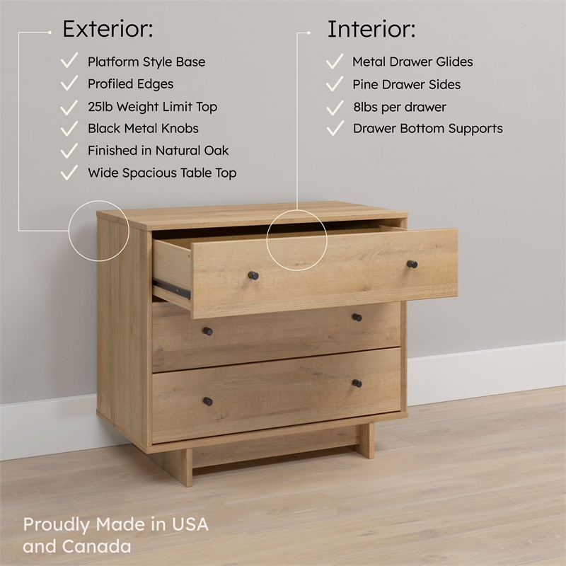 Maklaine 3-Drawer Nightstand in Natural Oak Extra-Wide Bedside Table