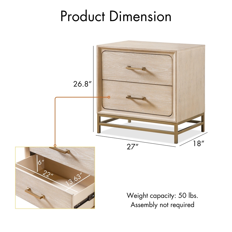 Maklaine Transitional Wood 2-Drawer Nightstand in Light Oak Finish