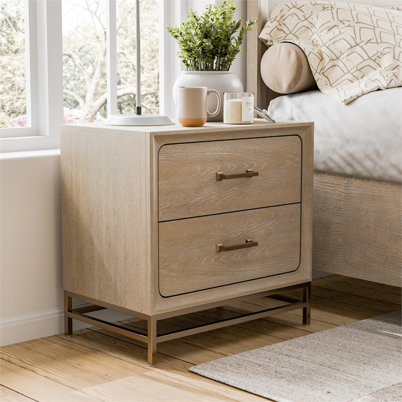 Maklaine Transitional Wood 2-Drawer Nightstand in Light Oak Finish