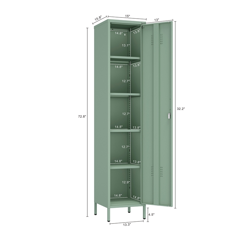 Maklaine 15 Single Locker Storage Cabinet with 5 Adjustable Shelves in Green