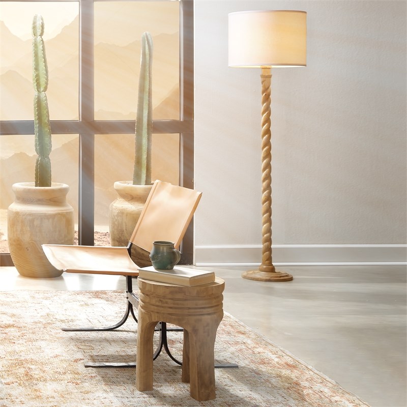 Maklaine Wood & Linen Floor Lamp with Drum Shade in Brown/White