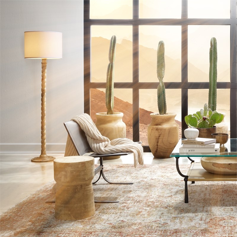 Maklaine Wood & Linen Floor Lamp with Drum Shade in Brown/White