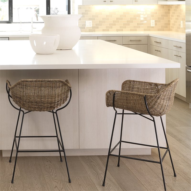 Maklaine Transitional Metal/Rattan Counter Stool in Black/Natural