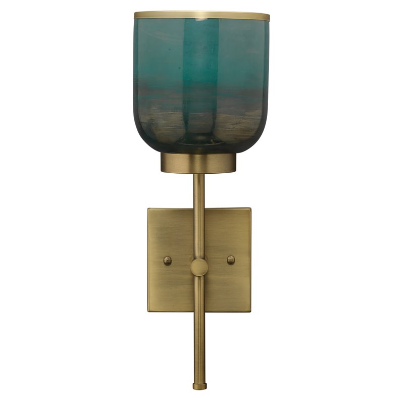 Maklaine Vapor Single Glass/Iron Metal Wall Sconce in Aqua/Antique Brass