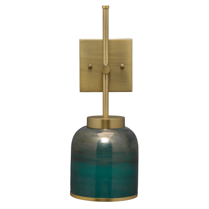 Maklaine Vapor Single Glass/Iron Metal Wall Sconce in Aqua/Antique Brass