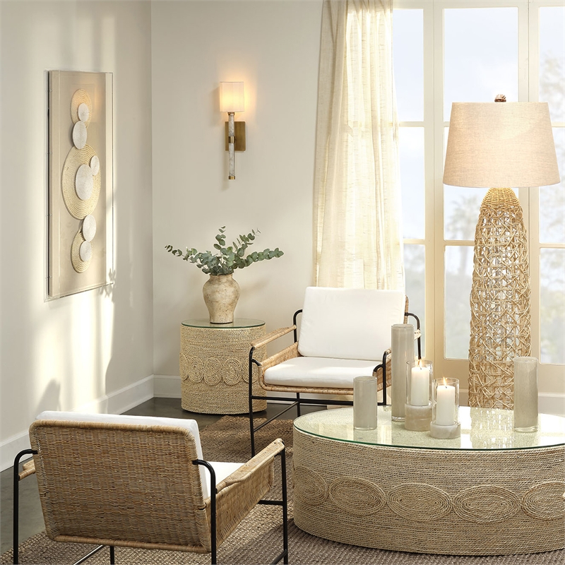 Maklaine 2-Light Coastal Rattan & Linen Floor Lamp in Natural/White