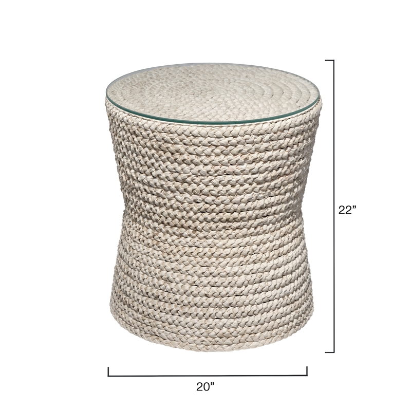 Maklaine Hand-braided Corn Husk and Tempered Glass Top Side Table in Natural