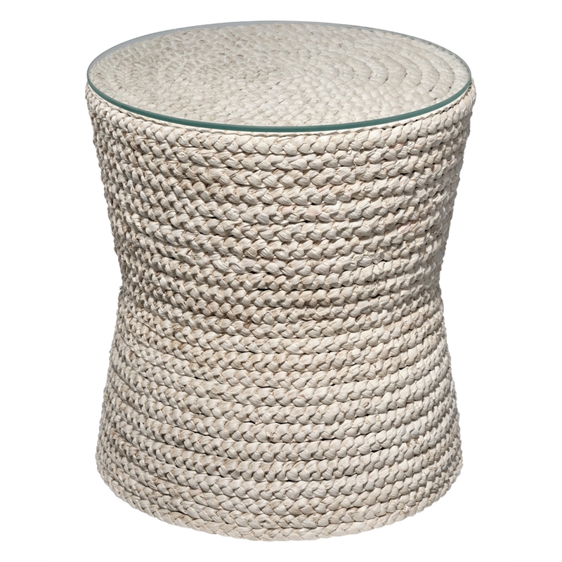 Maklaine Hand-braided Corn Husk and Tempered Glass Top Side Table in Natural