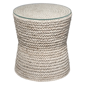 Maklaine Hand-braided Corn Husk and Tempered Glass Top Side Table in Natural