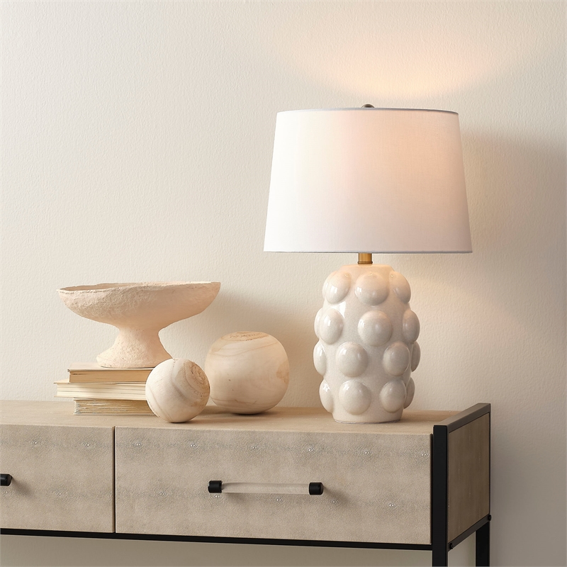 Maklaine Ceramic Table Lamp with White Linen Tapered Drum Shade in White