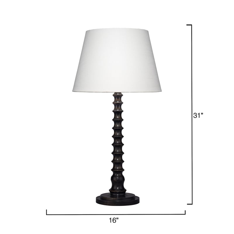 Maklaine Hand-Carved Mango Wood Table Lamp in Black with Linen Shade