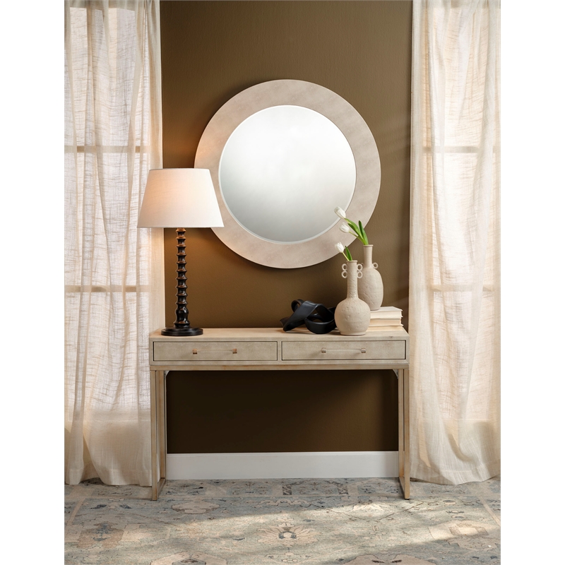 Maklaine Hand-Carved Mango Wood Table Lamp in Black with Linen Shade